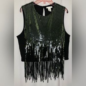 H&M Sleeveless Top with Sequins and Fringe Black Size Large